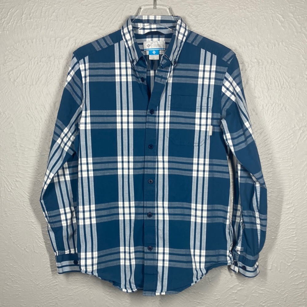 Columbia Dark Teal & White Plaid Long Sleeve Button Down Shirt Men's Siz…